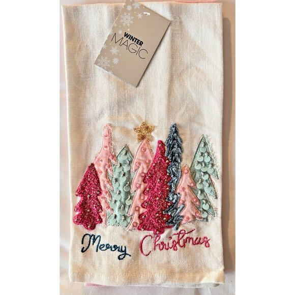 PINK CHRISTMAS Trees Kitchen Towel Set of 2 Embroidered BEADED Detailed 20" x 28 - Picture 8 of 8